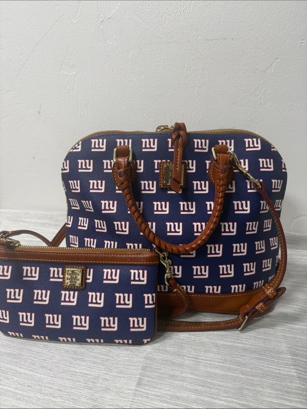 Dooney & Bourke Navy NY Logo Satchel with Brown Trim and Matching Wallet
